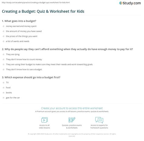 budget quiz for students.